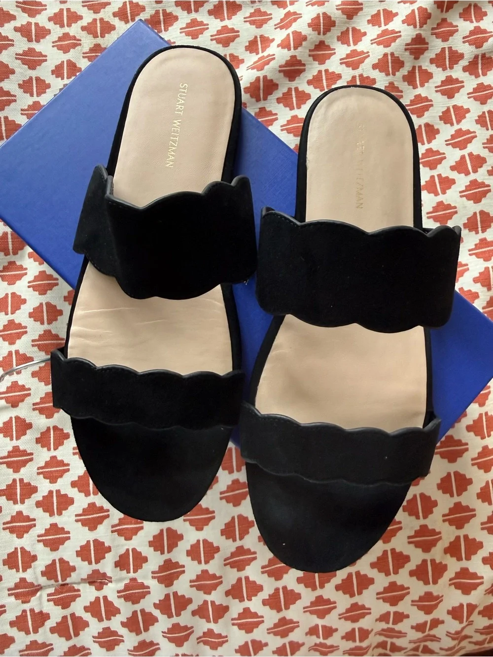 Stuart Weitzman Black Suede Scalloped Double-Strap Slide Mules